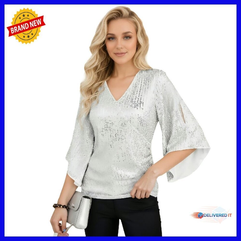 Sequin V-Neck Blouse with 3/4 Bell Sleeves for Evening Parties